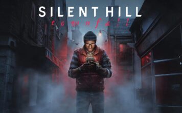 Simon Ordell stands in a fog-covered St. Amelia street beneath the SILENT HILL: Townfall logo.