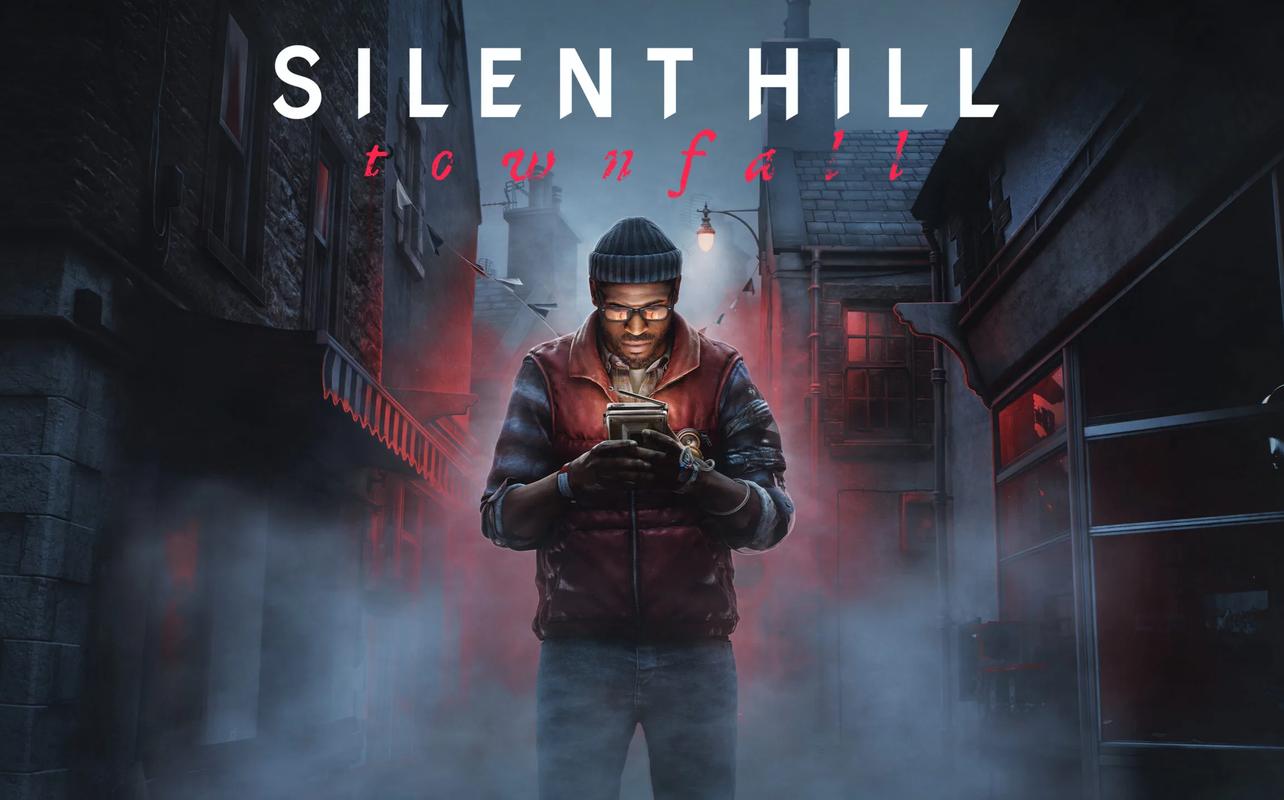Simon Ordell stands in a fog-covered St. Amelia street beneath the SILENT HILL: Townfall logo.