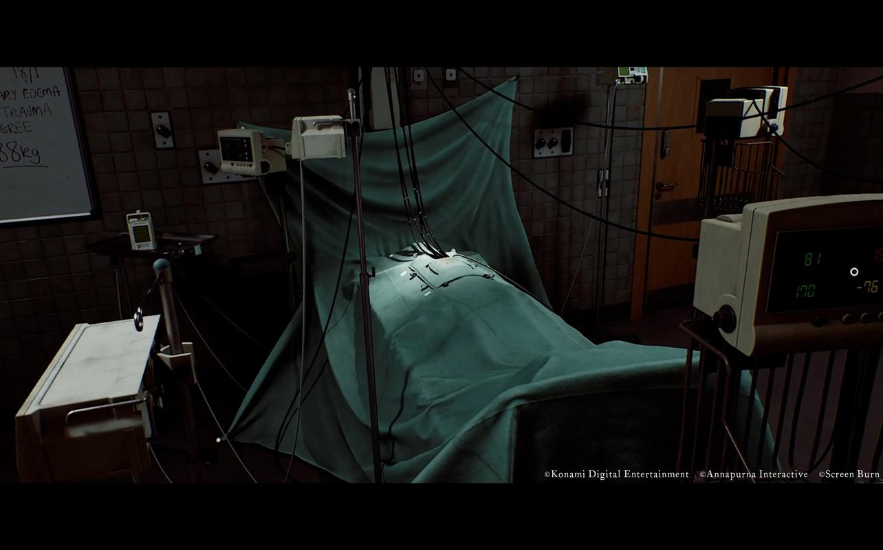 A dark medical room filled with monitoring equipment, cables, and a covered bed in SILENT HILL: Townfall.
