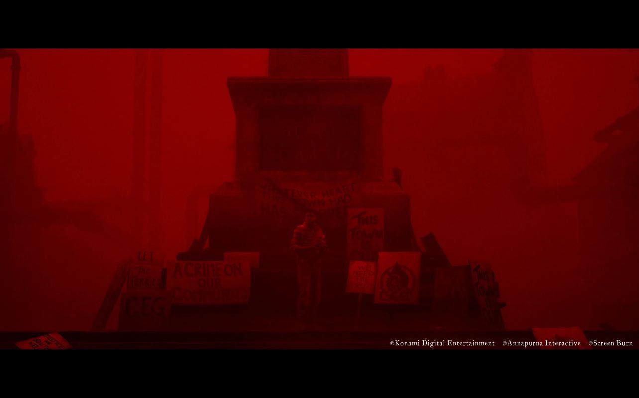 A figure stands near protest signs in a foggy environment filled with red light in SILENT HILL: Townfall.