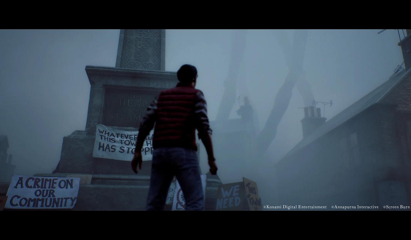 A man stands beside protest signs in the fog-covered town of St. Amelia in SILENT HILL: Townfall.