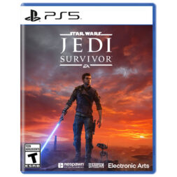 Star Wars Jedi: Survivor PS5 box art featuring Cal Kestis holding a blue lightsaber with BD-1 against a sunset landscape.