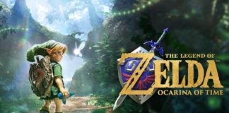 Young Link stands in a forest beside The Legend of Zelda: Ocarina of Time logo.