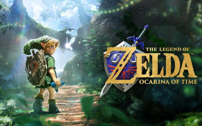 Young Link stands in a forest beside The Legend of Zelda: Ocarina of Time logo.