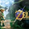 Young Link stands in a forest beside The Legend of Zelda: Ocarina of Time logo.