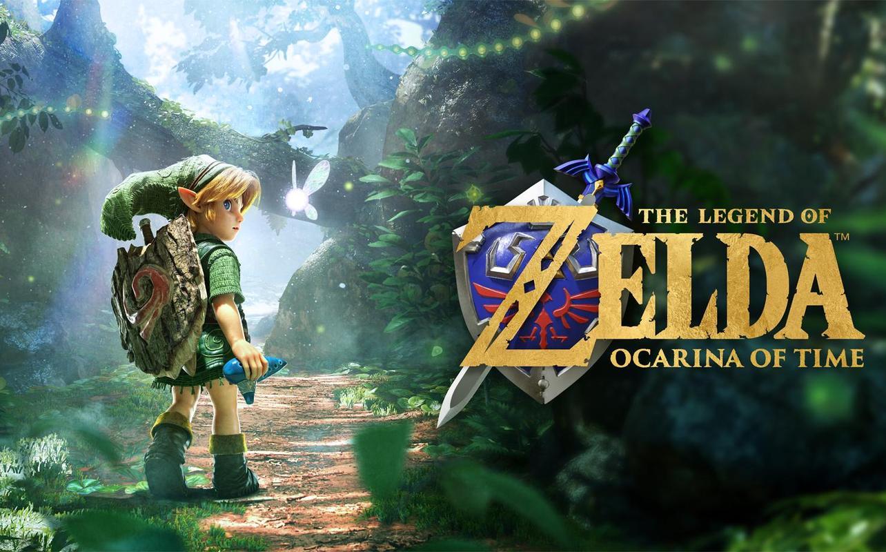 Young Link stands in a forest beside The Legend of Zelda: Ocarina of Time logo.