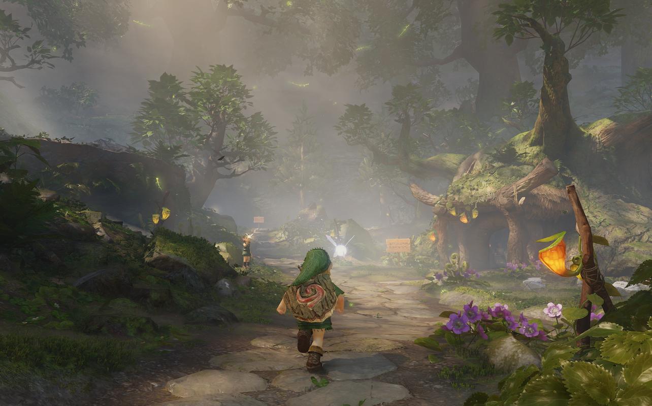 Young Link runs along a forest path in The Legend of Zelda: Ocarina of Time on Nintendo Switch 2.