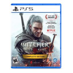The Witcher 3: Wild Hunt – Complete Edition PS5 box art featuring Geralt of Rivia in armour holding a sword.