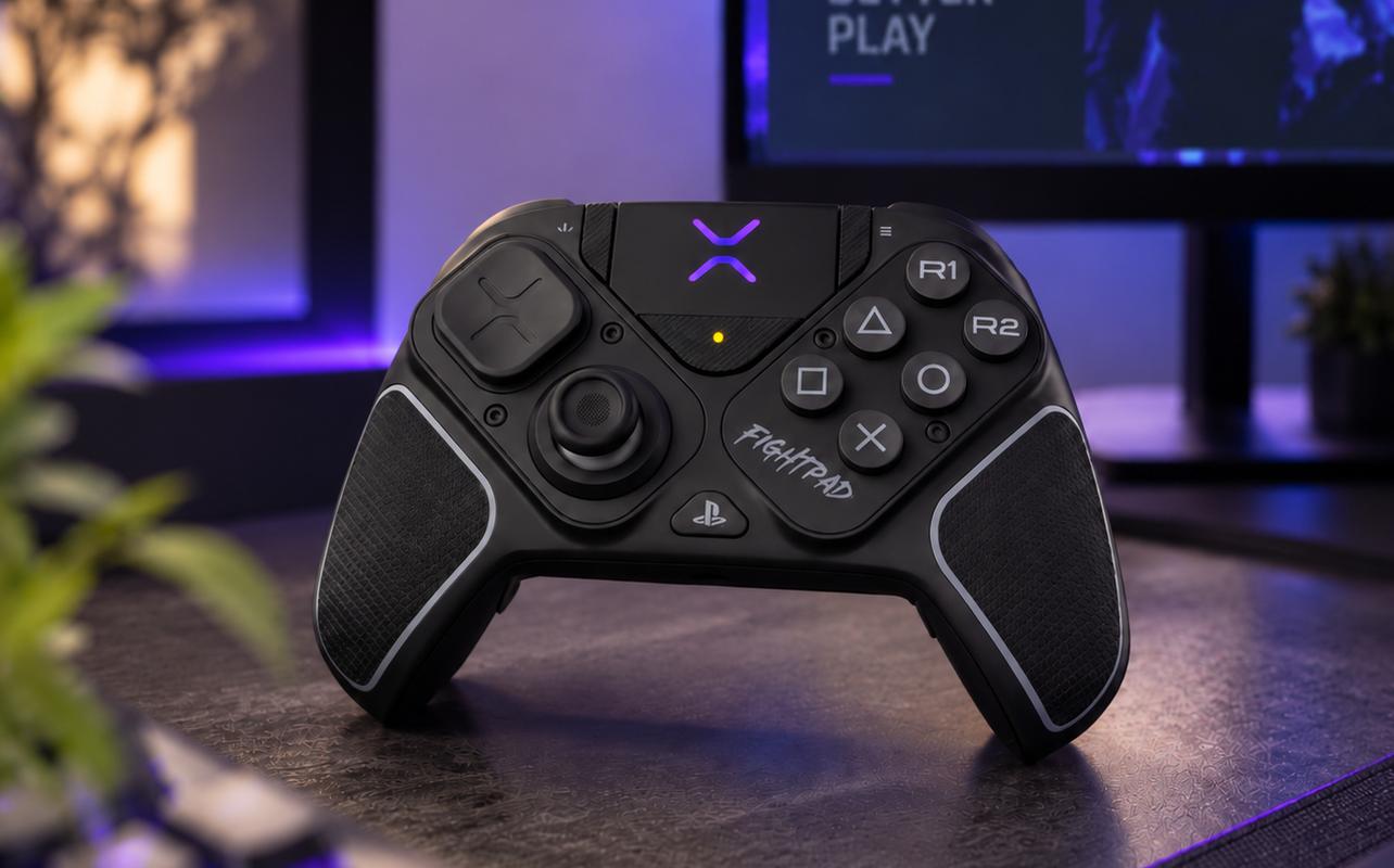 Turtle Beach Victrix Pro BFG Reloaded fightpad module in a gaming setup.