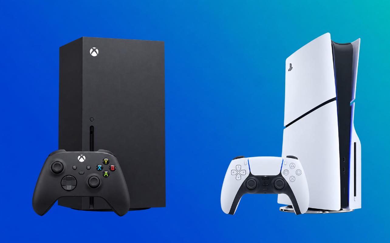 XBOX Series X and PlayStation 5 Slim shown side by side with their controllers