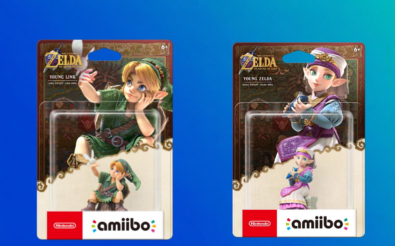 Young Link and Young Zelda amiibo figures in retail packaging for The Legend of Zelda: Ocarina of Time.