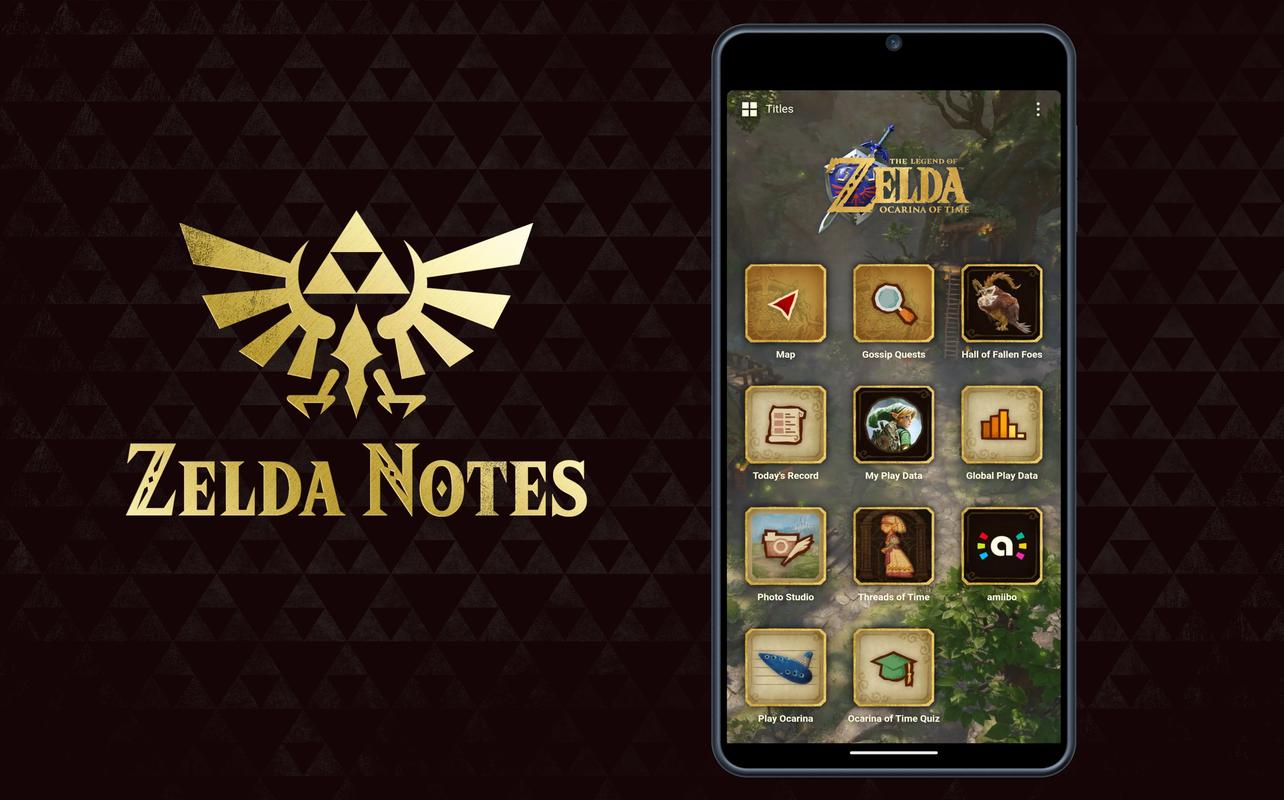 ZELDA NOTES screen for The Legend of Zelda: Ocarina of Time showing features including Gossip Quests, Today’s Record, Threads of Time, and Play Ocarina.