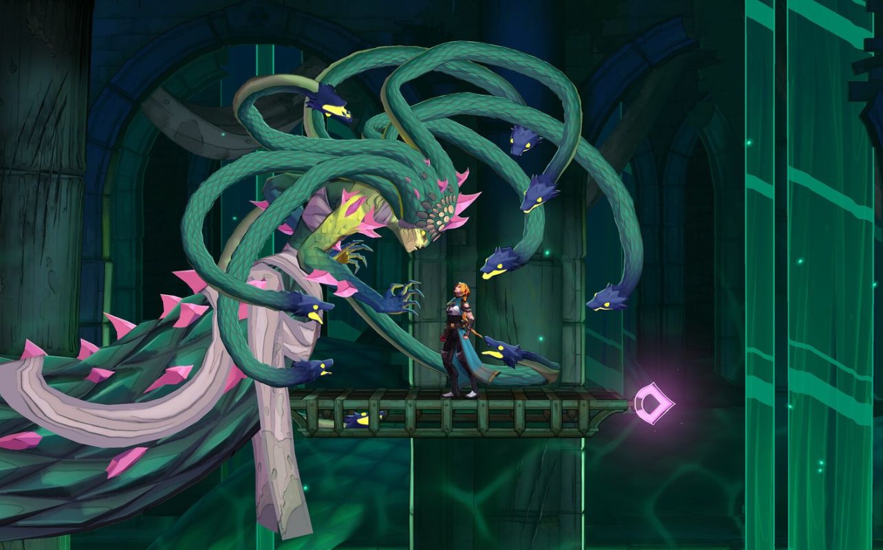 A giant green creature speaks to a smaller human figure.
