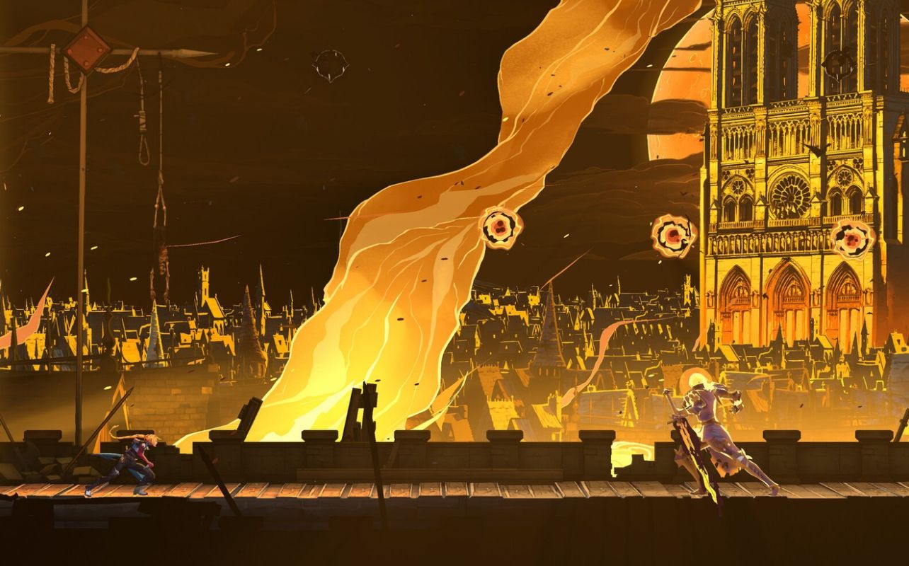 A flaming background with characters duelling.