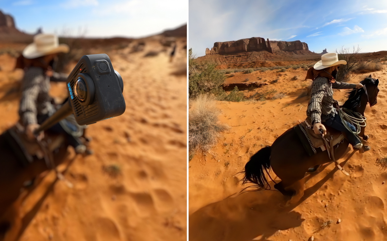 Man on horseback holding a GoPro Max2.