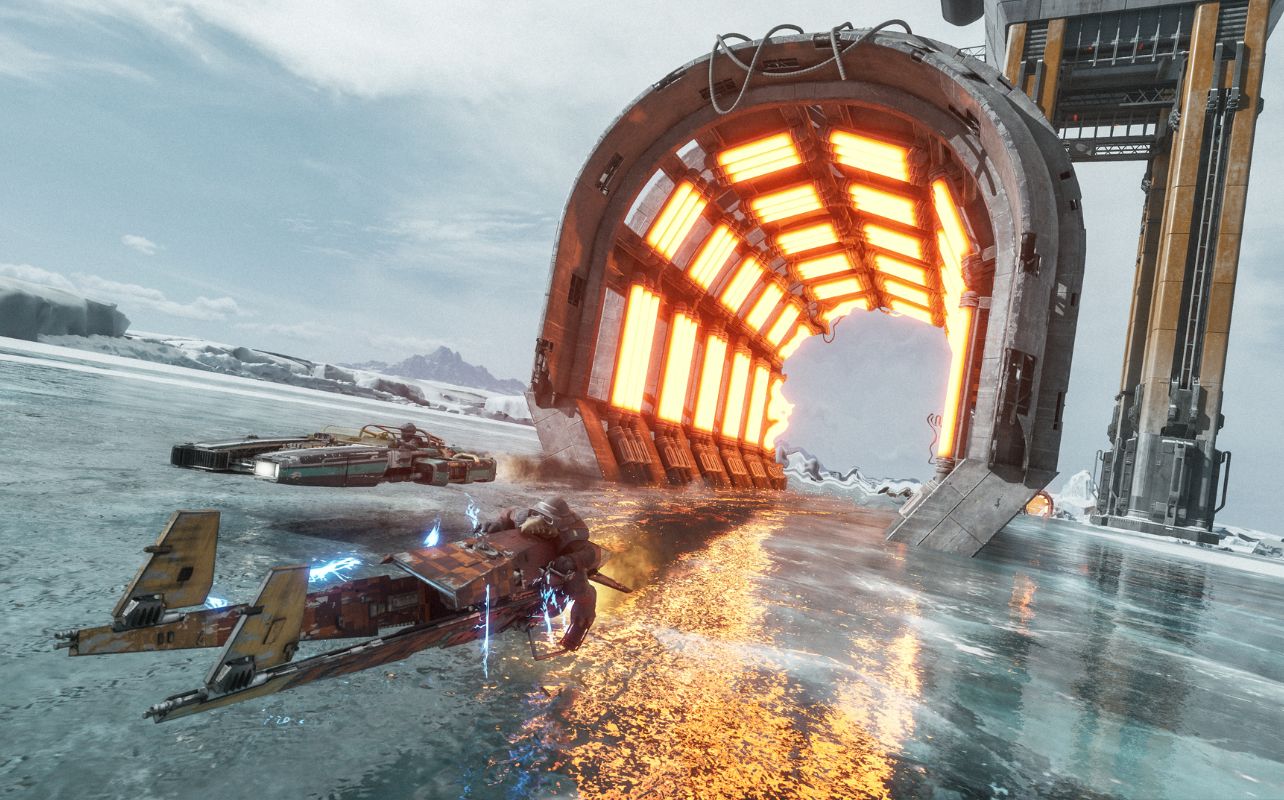 Star Wars Galactic Racer screenshot of a vehicle racing on an ice planet.
