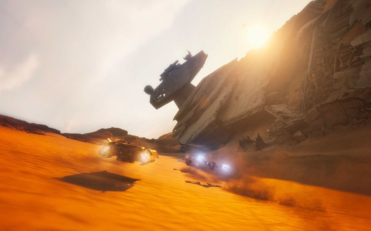 Star Wars Galactic Racer screenshot of a vehicles racing in a desert.