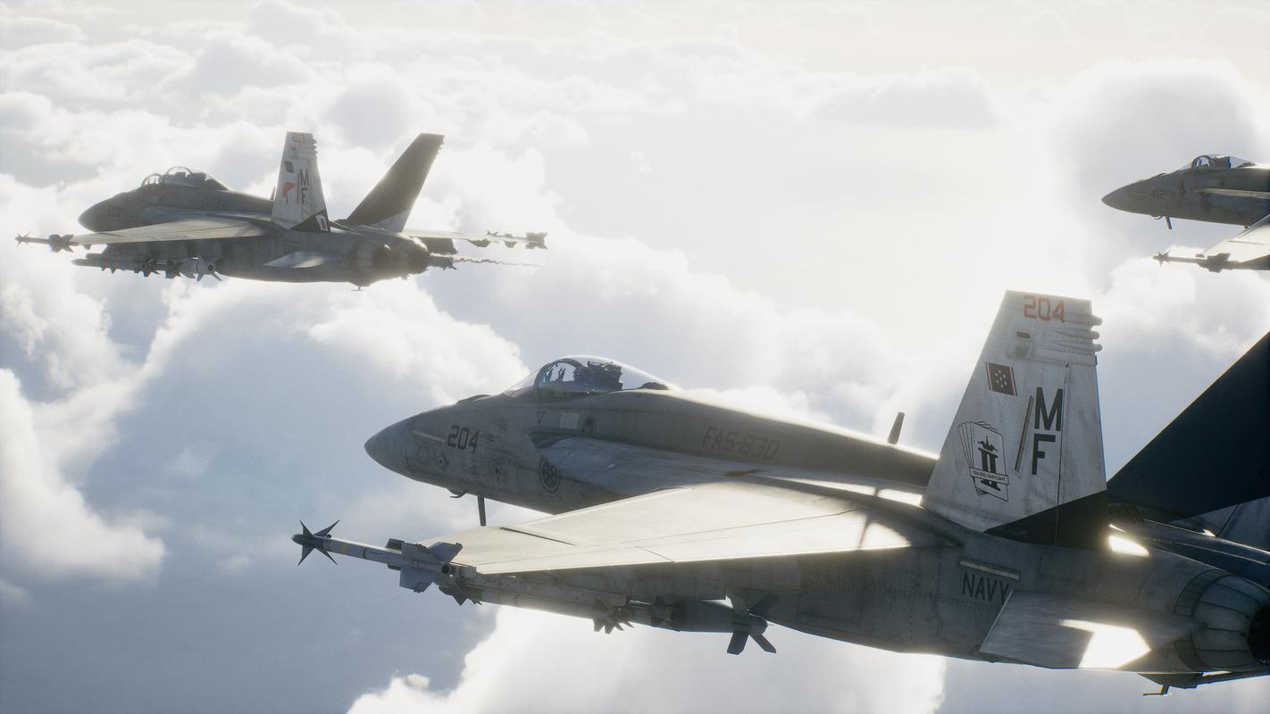 Ace Combat 8: Wings of Theve fighter jets flying in formation above the clouds.