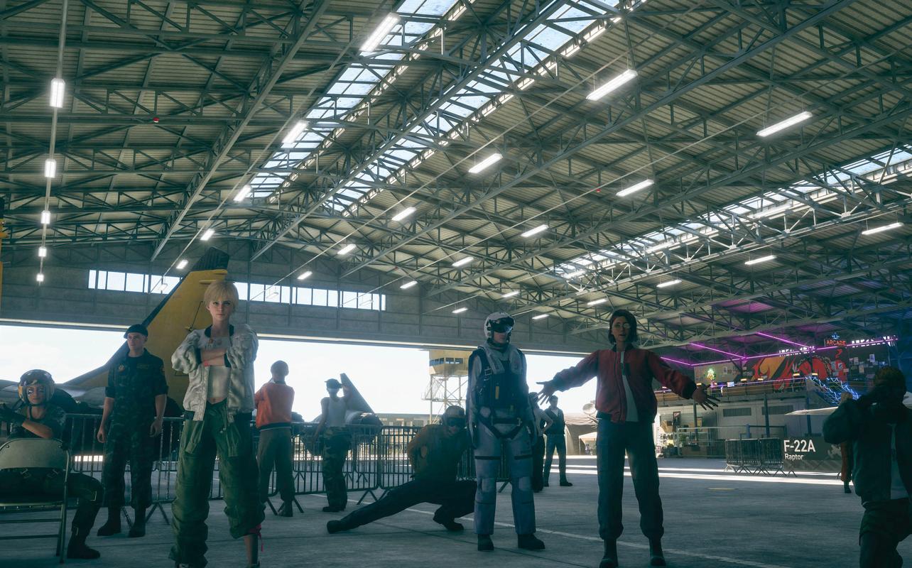 Ace Combat 8: Wings of Theve characters gathered inside an aircraft hangar with fighter jets in the background.