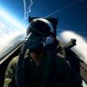 Ace Combat 8: Wings of Theve pilot seated in a fighter jet cockpit above the clouds with aircraft flying nearby.