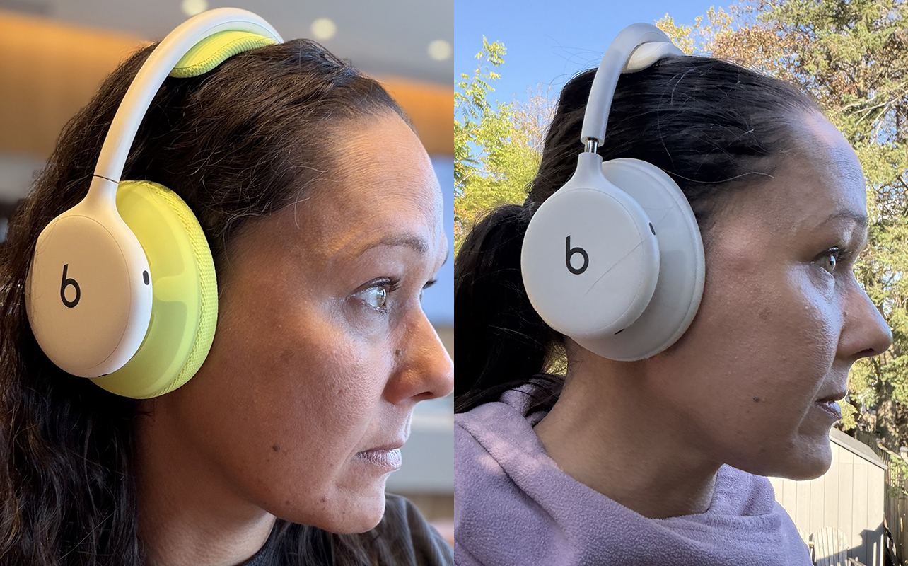 Beats 360 with green knit earcups on the left and cloud UltraPlush on the right.