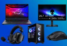 Best gifts for PC gamers in 2026: Gear and upgrades they’ll actually use Gaming laptop, desktop PC, Alienware monitor, Razer headset, and gaming mouse arranged on a blue background.