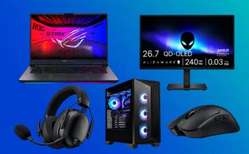 Gaming laptop, desktop PC, Alienware monitor, Razer headset, and gaming mouse arranged on a blue background.