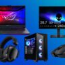 Gaming laptop, desktop PC, Alienware monitor, Razer headset, and gaming mouse arranged on a blue background.