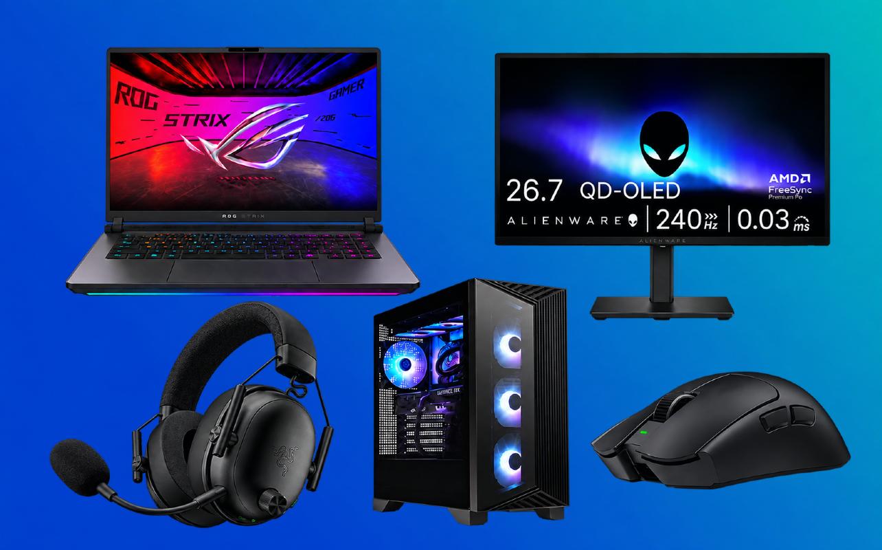 Gaming laptop, desktop PC, Alienware monitor, Razer headset, and gaming mouse arranged on a blue background.
