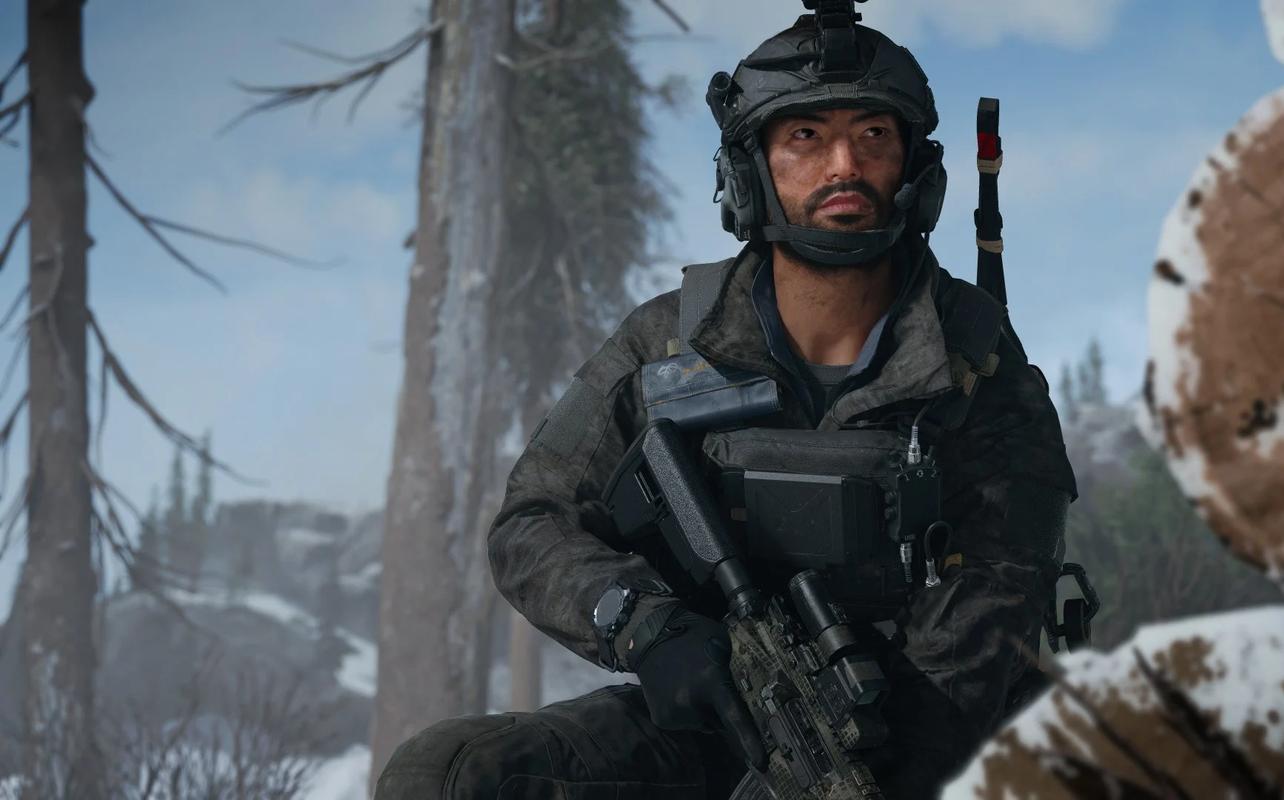 A helmeted soldier holding a rifle in a snowy wooded area in Call of Duty: Modern Warfare 4.