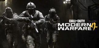 Three armed soldiers advancing through a dark urban environment in Call of Duty: Modern Warfare 4 promotional artwork.