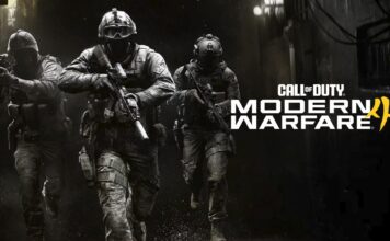 Three armed soldiers advancing through a dark urban environment in Call of Duty: Modern Warfare 4 promotional artwork.