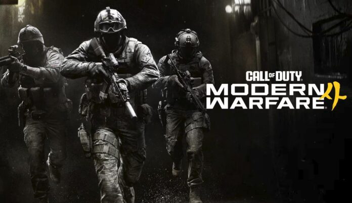Three armed soldiers advancing through a dark urban environment in Call of Duty: Modern Warfare 4 promotional artwork.