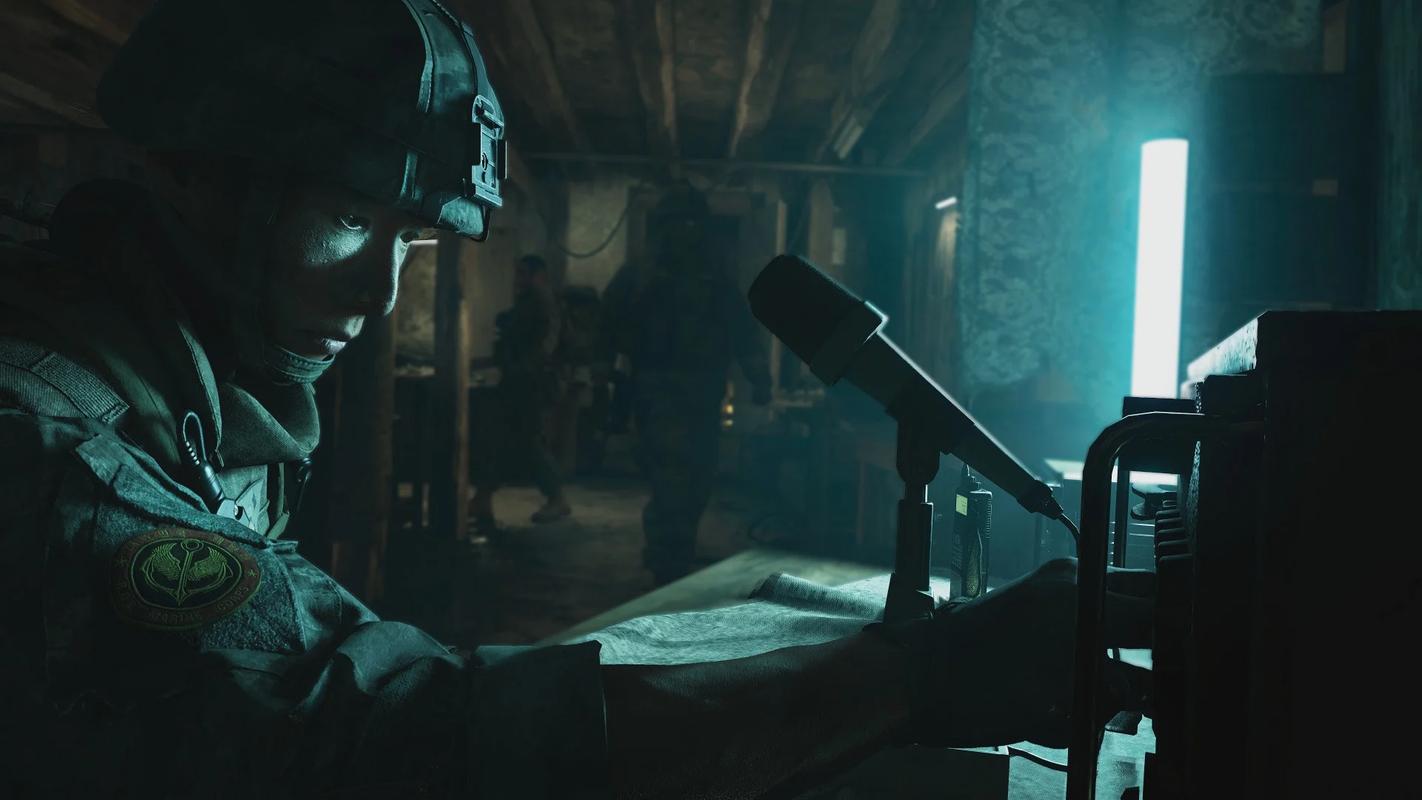A helmeted soldier operating equipment inside a dimly lit room with blue-green lighting in Call of Duty: Modern Warfare 4.