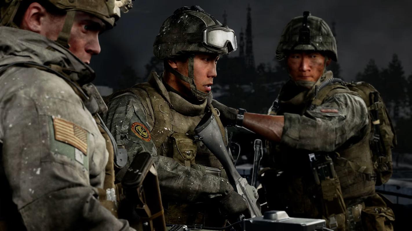 Three soldiers in tactical gear interacting in a snowy outdoor setting in Call of Duty: Modern Warfare 4.