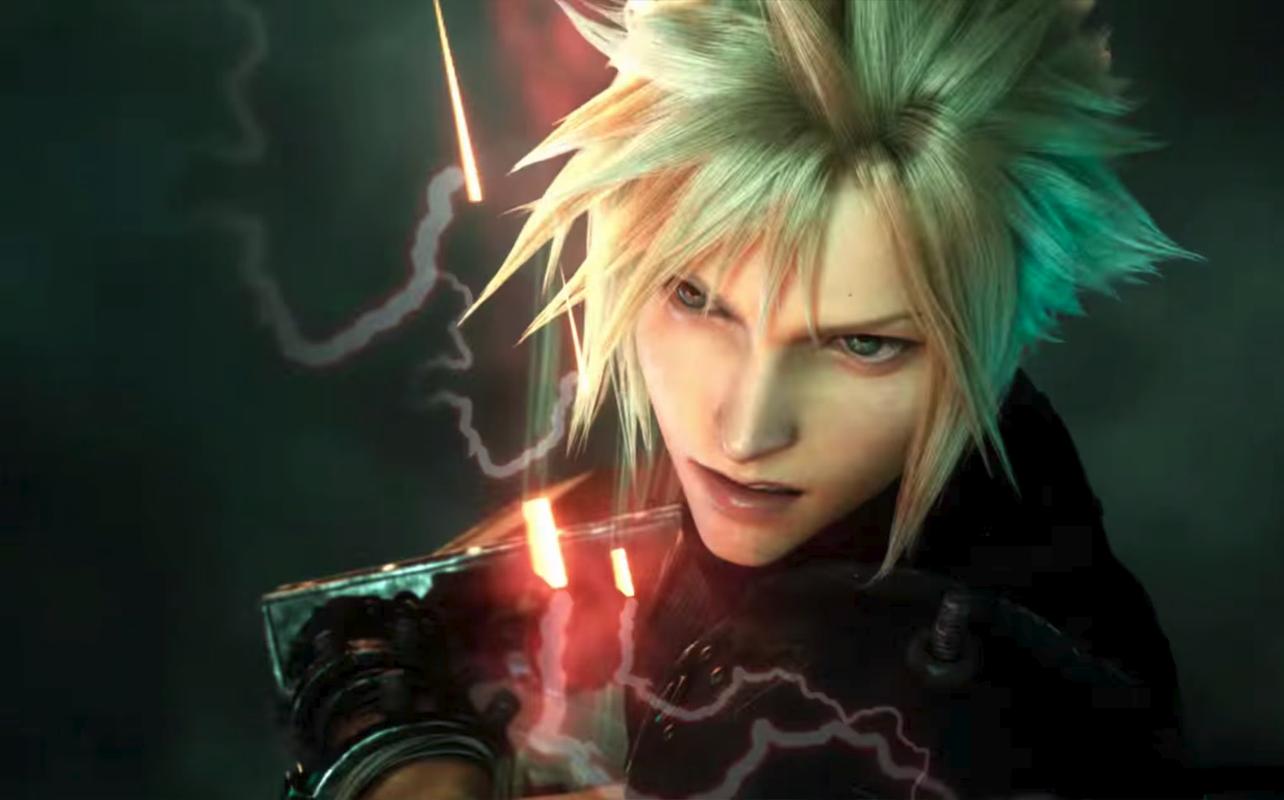 Close-up of Cloud with spiky blond hair, his dark outfit, and glowing visual effects in Final Fantasy Resonance.