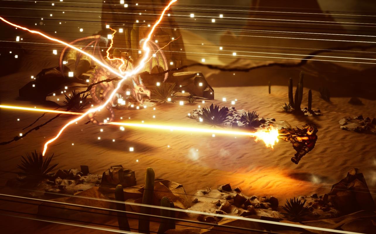 A pixel-art character attacks a winged enemy in a desert battle, surrounded by bright orange and gold effects in Final Fantasy Resonance.