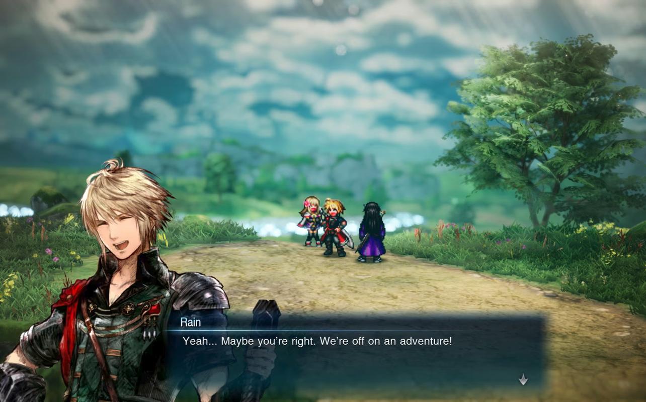 Rain speaks with his companions on a grassy path in Final Fantasy Resonance, with his character portrait and dialogue displayed on screen.