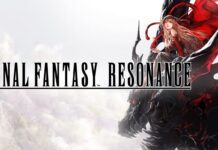 Final Fantasy Resonance logo over artwork featuring a woman in red and black seated on a dark creature.
