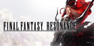 Final Fantasy Resonance logo over artwork featuring a woman in red and black seated on a dark creature.