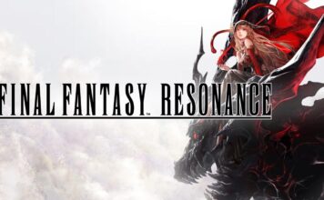 Final Fantasy Resonance logo over artwork featuring a woman in red and black seated on a dark creature.