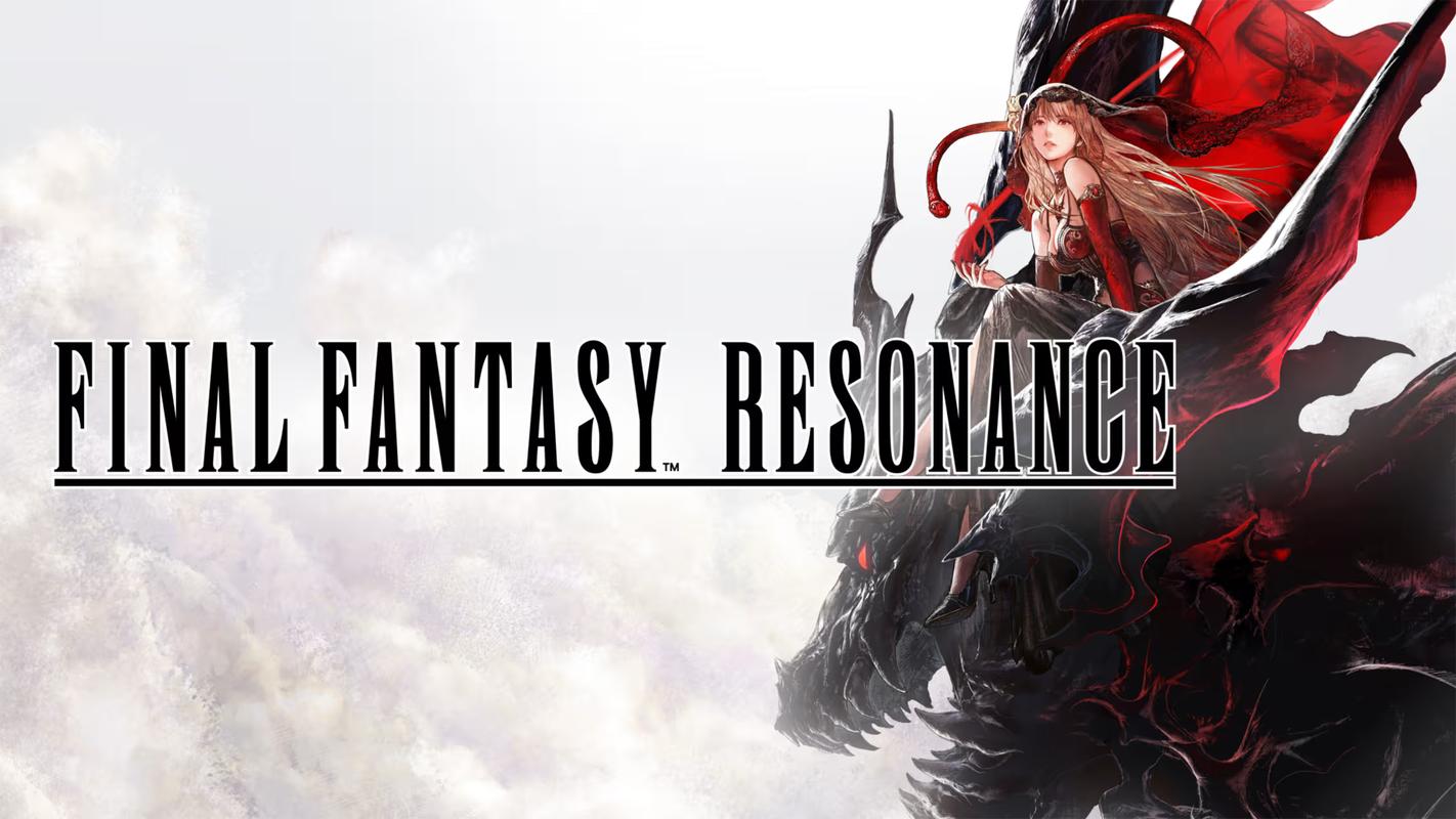 Final Fantasy Resonance logo over artwork featuring a woman in red and black seated on a dark creature.