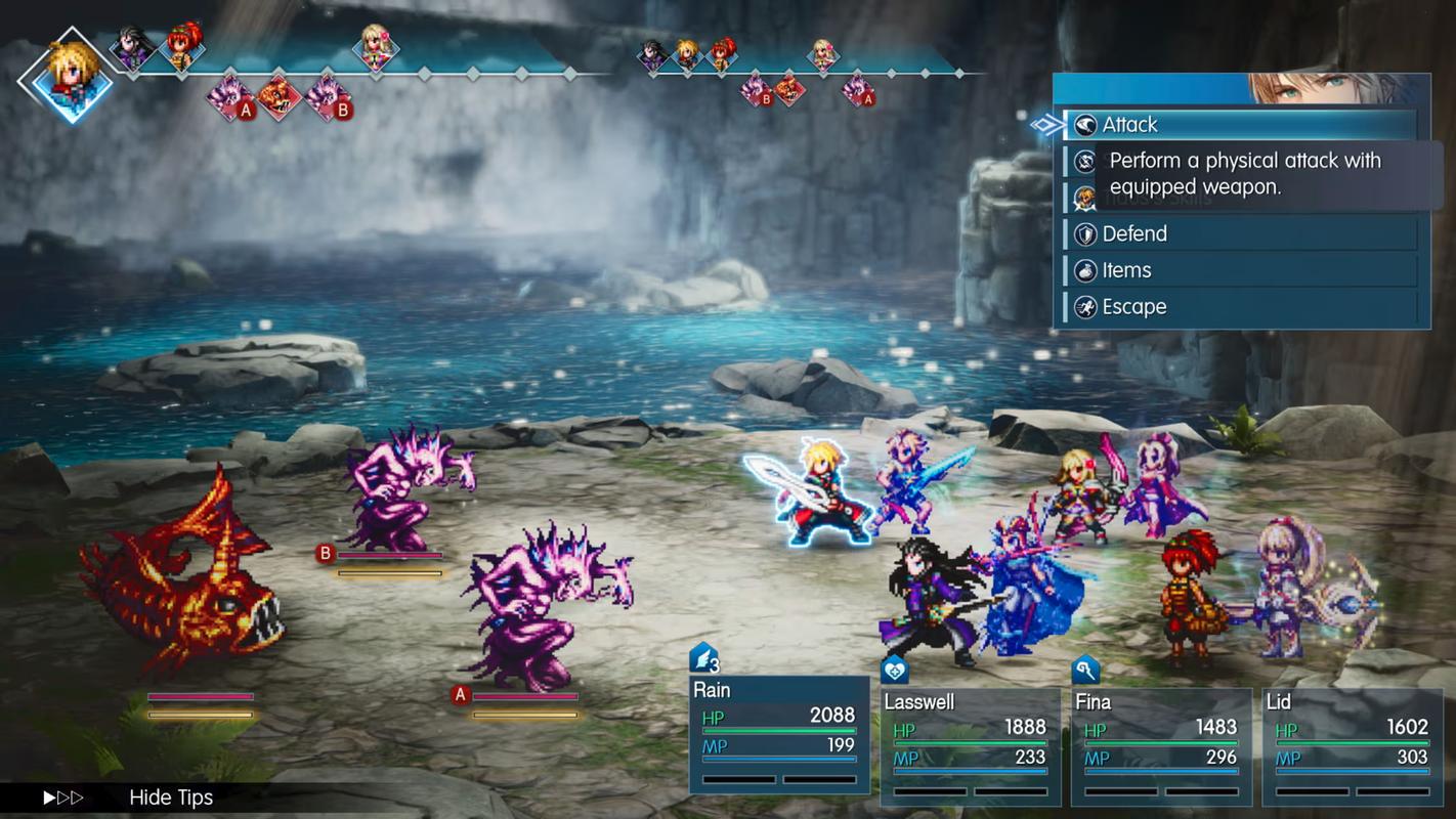 Turn-based battle in Final Fantasy Resonance showing Rain, Lasswell, Fina, and Lid facing enemies, with the action timeline and battle commands visible.