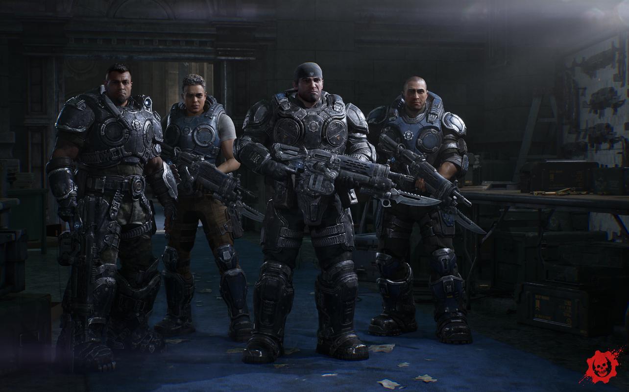 Marcus Fenix and Bravo Squad move through a war-torn area of Kalona in Gears of War: E-Day.