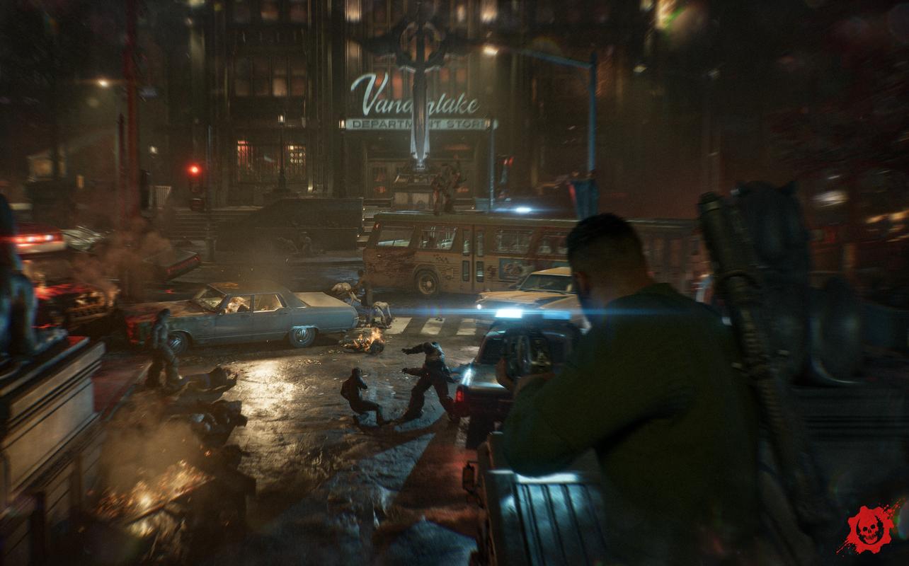 A firefight breaks out across a damaged city street in Kalona in Gears of War: E-Day.
