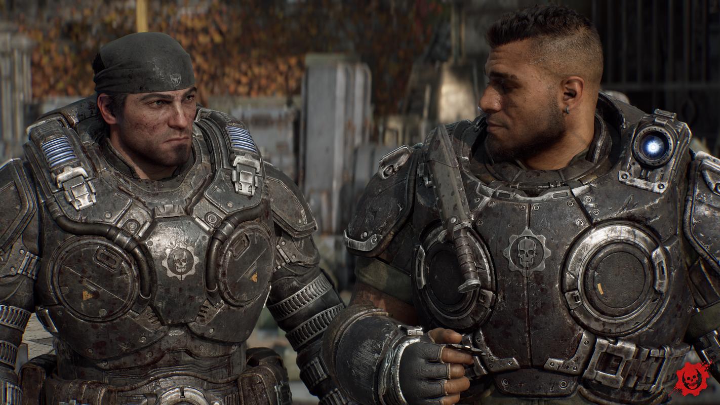 Marcus Fenix and Dom Santiago stand together in armour in Gears of War: E-Day.