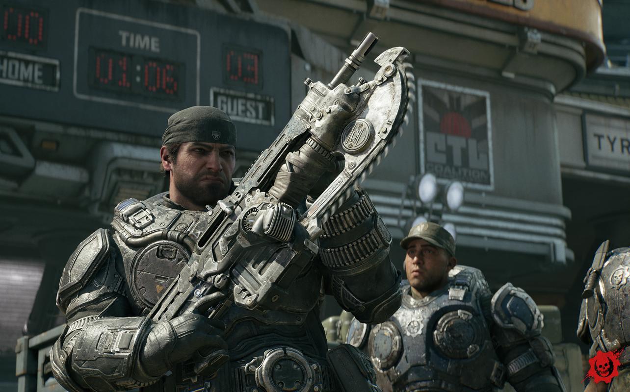 Marcus Fenix holds a Lancer rifle during combat in Gears of War: E-Day.