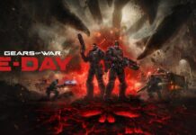 Marcus Fenix and Dom Santiago stand together as the Locust attack Kalona in Gears of War: E-Day.