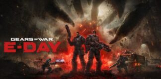 Marcus Fenix and Dom Santiago stand together as the Locust attack Kalona in Gears of War: E-Day.