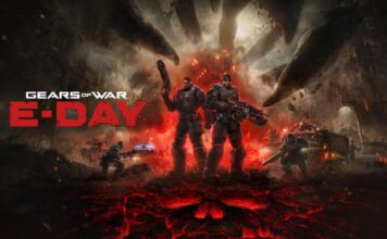 Marcus Fenix and Dom Santiago stand together as the Locust attack Kalona in Gears of War: E-Day.